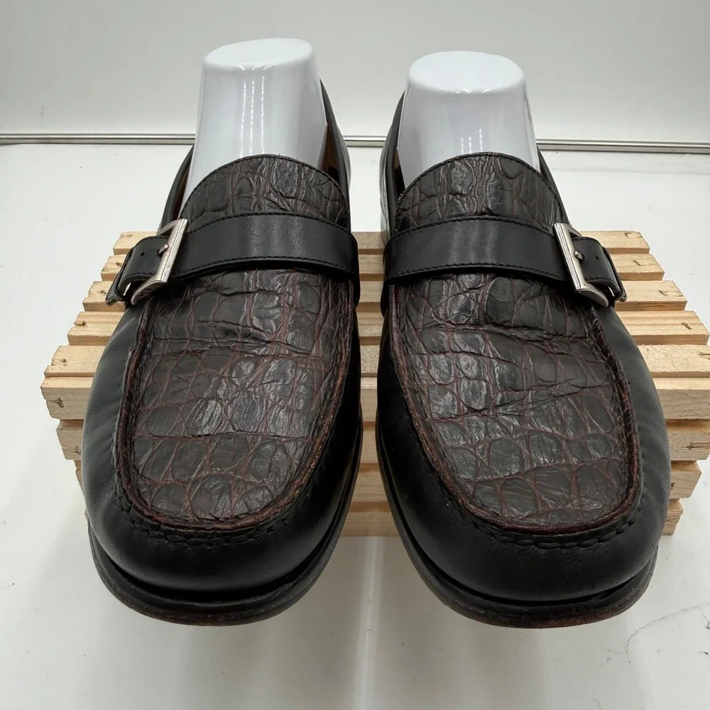 Johnston & Murphy Loafers Monk Strap Crocodile Embossed Black Brown Mens 10W